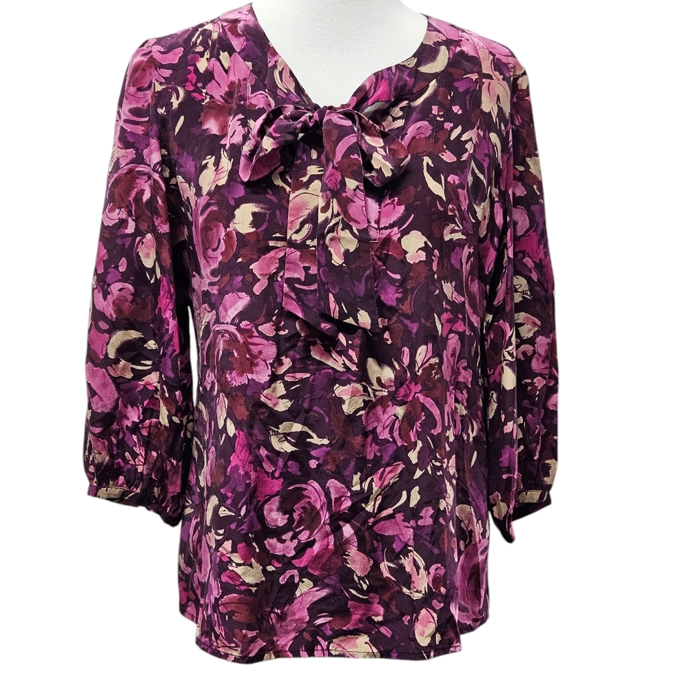 Context 100% Silk Blouse Size 12 Dark Floral Tie Neck 3/4 Sleeve Boho Academia